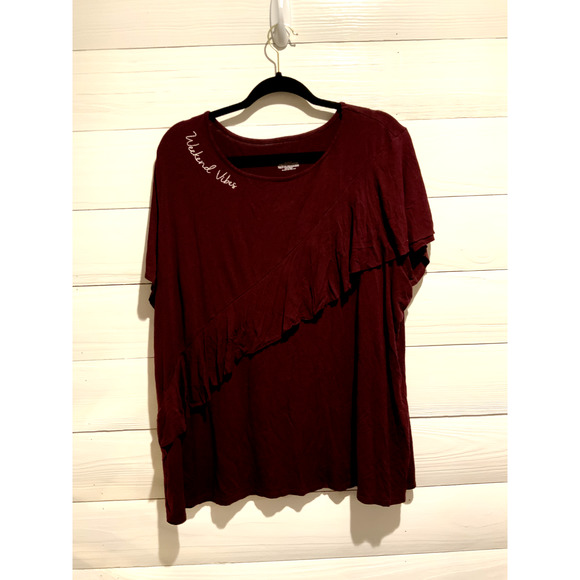 LANE BRYANT ~ New NWT 22 24 ~ Bordeaux WEEKEND VIBES Ruffle Shirt 3X - Picture 1 of 3